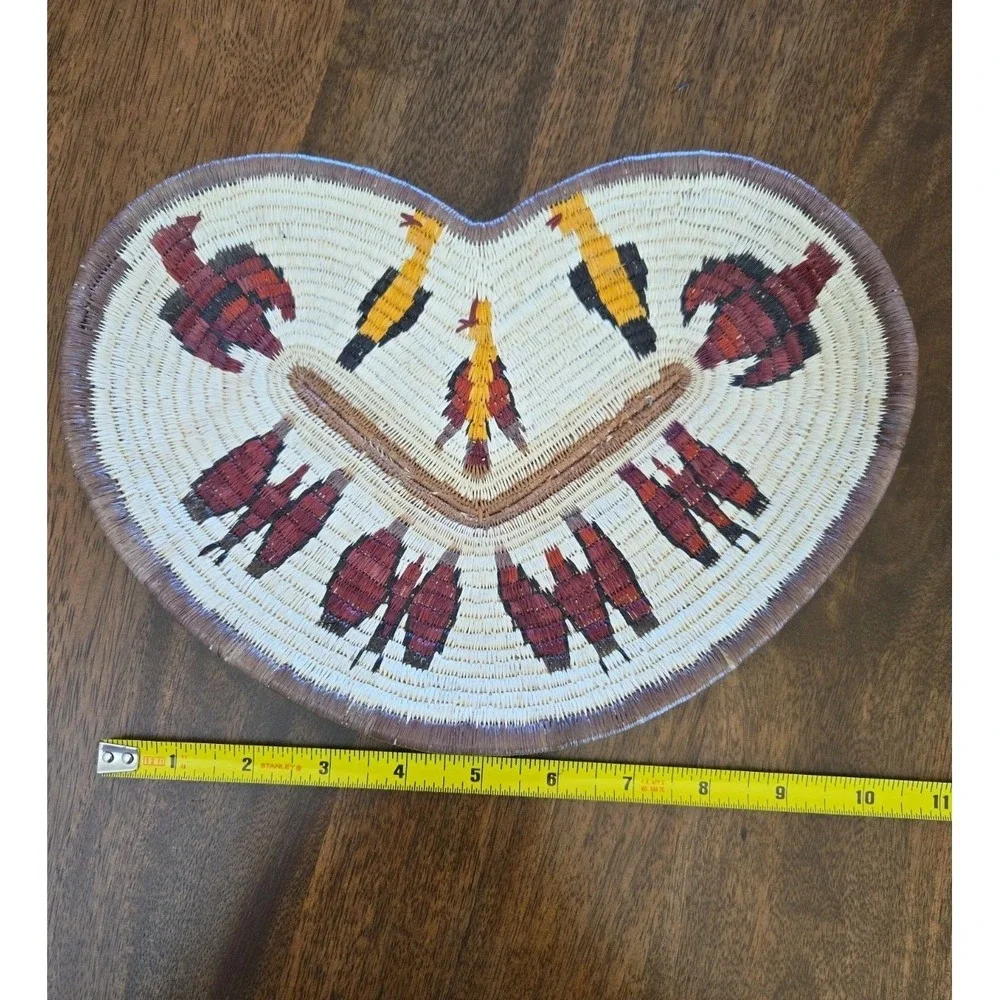 VTG Rare Hand Woven Southwestern Native American Shallow Heart Shape Basket Bird